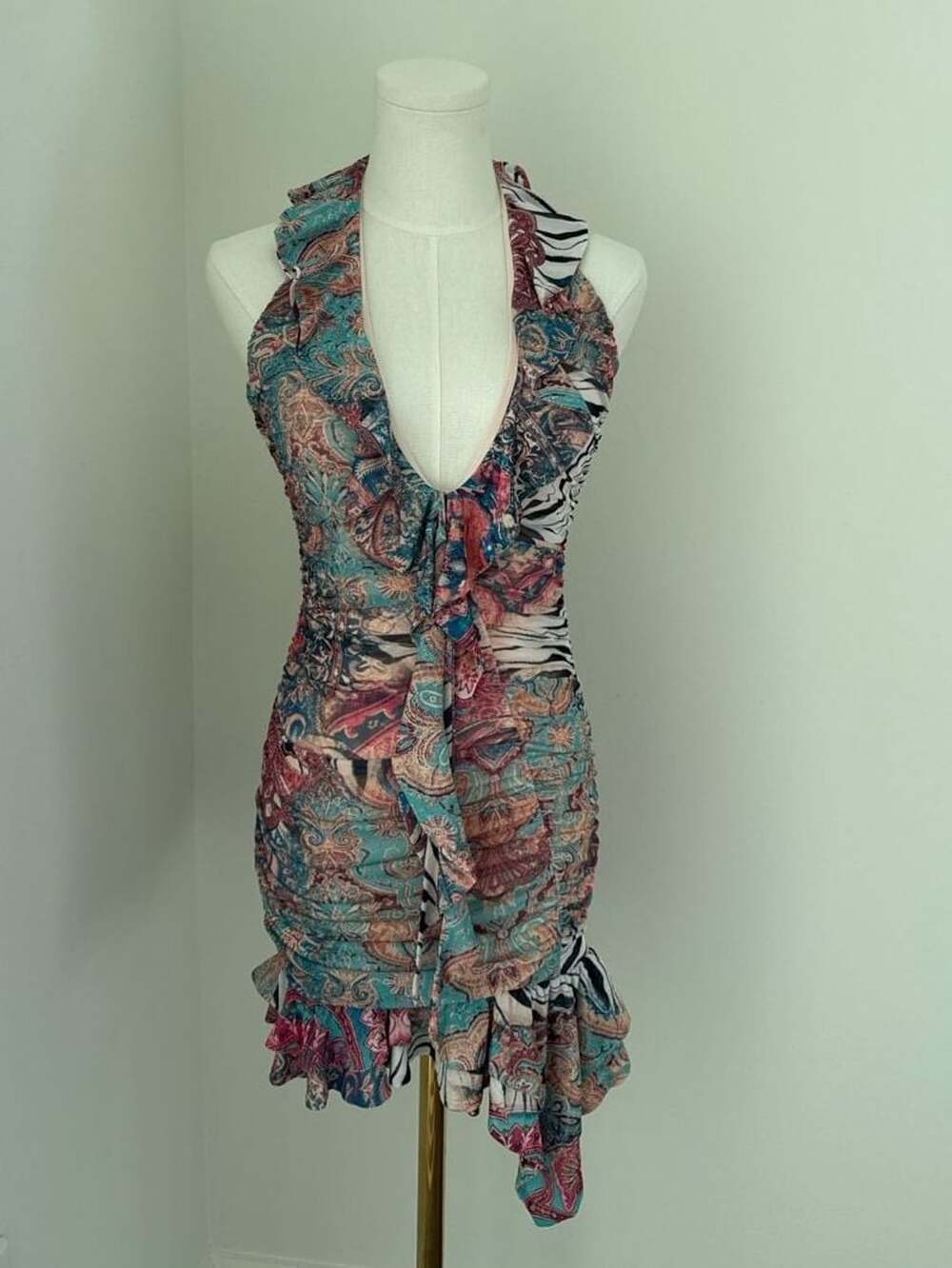 AFRM Odessa Ruffle Halter Open Back Minidress Gilded Paisley